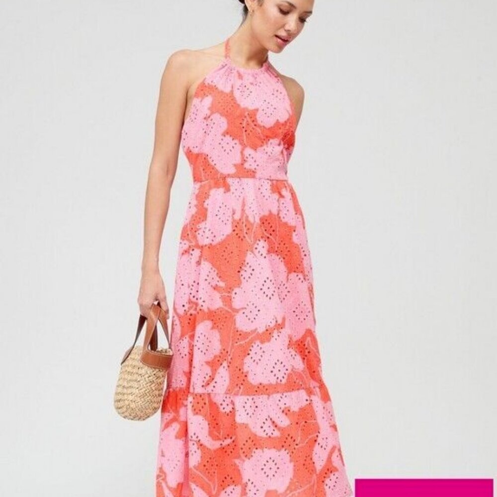 V by very Printed Embroidered Midi Dress Eyelet Halter New L 12